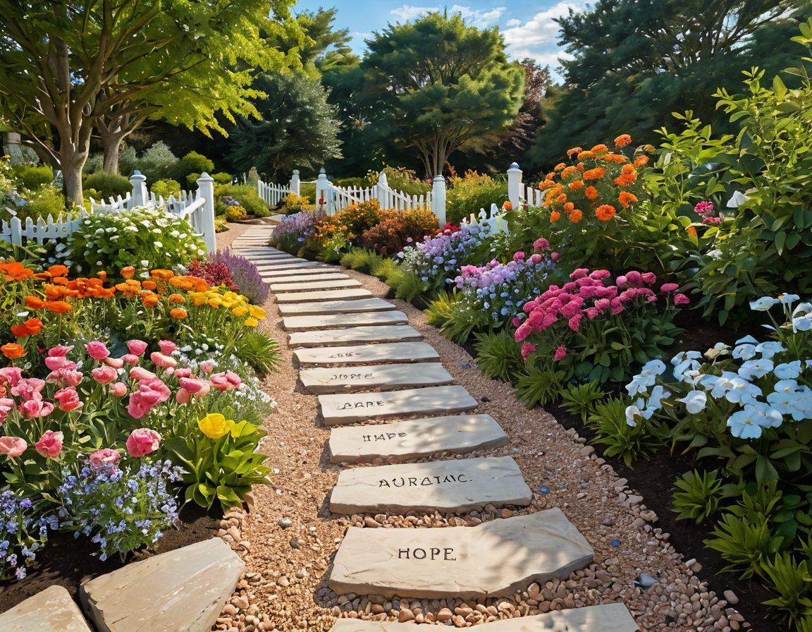 A symbolic path winding through a serene garden, with bright flowers representing hope, guidance stones labeled with advocacy tips, and a figure empowered with a cape, confidently walking forward. The sky is vibrant with dawn colors, symbolizing new beginnings and strength in the cancer journey. super-realistic. vibrant colors. 3D.