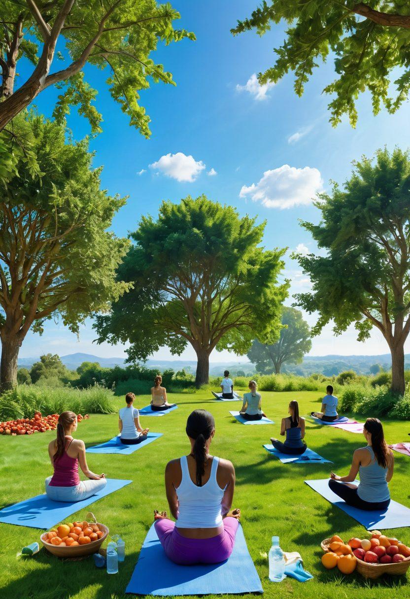 A serene landscape featuring a vibrant green field with a variety of fruits and vegetables scattered throughout, symbolizing health and wellness. In the background, a group of diverse people practicing yoga in harmony under a clear blue sky, representing unity and strength in cancer prevention. Incorporate elements like soft sunlight filtering through trees to enhance the atmosphere of tranquility and hope. super-realistic. vibrant colors. natural light.